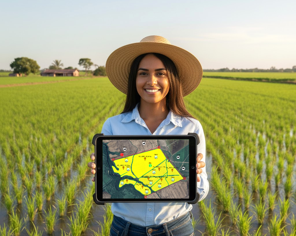 fazendeira em pe na lavoura de arroz segurando um iPad mostrando mapa da lavoura na tela