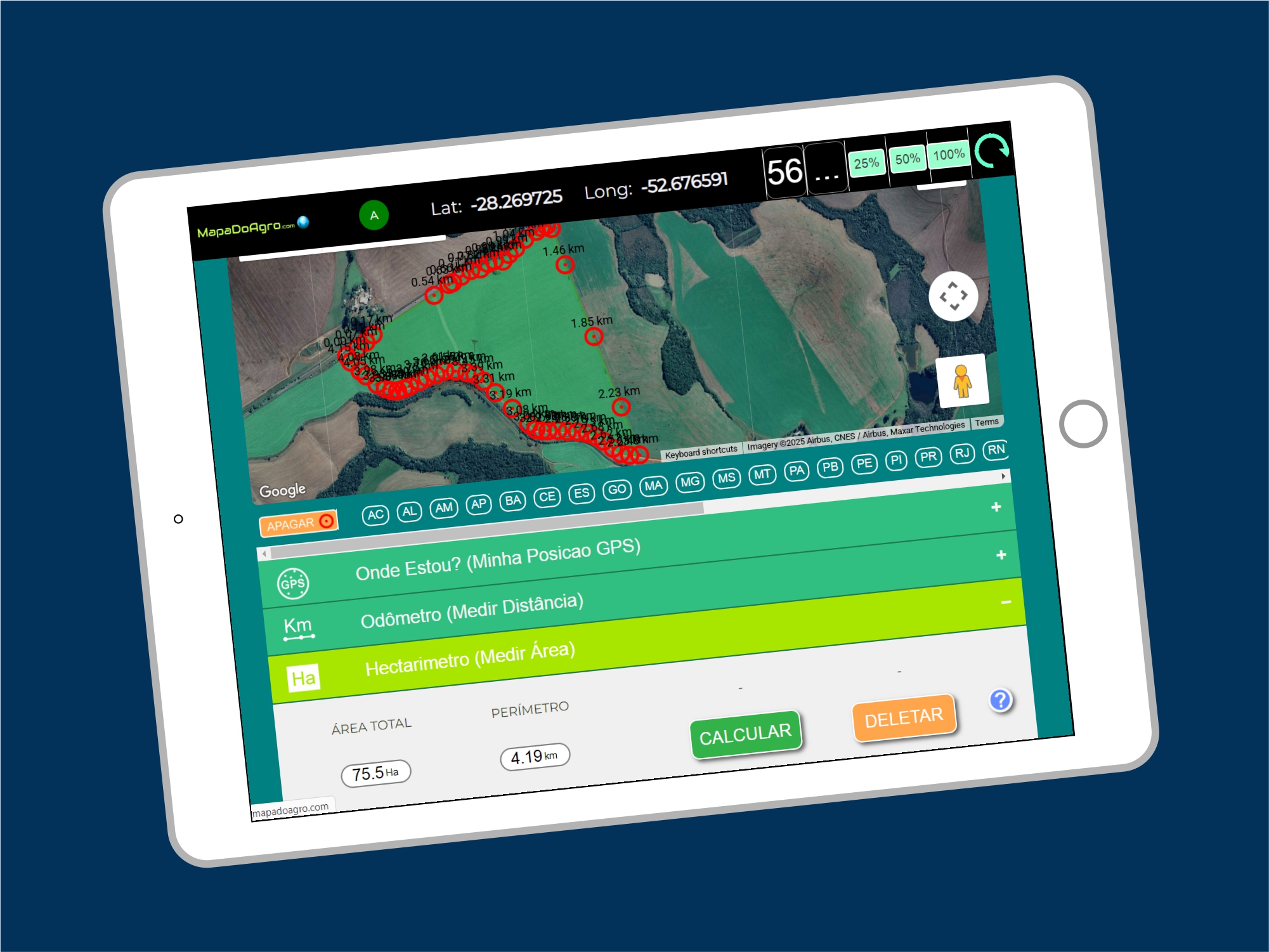 um tablet iPad mostrando um mapa de uma fazenda no Rio Grande do Sul, Brasil, feito no MapaDoAgro
