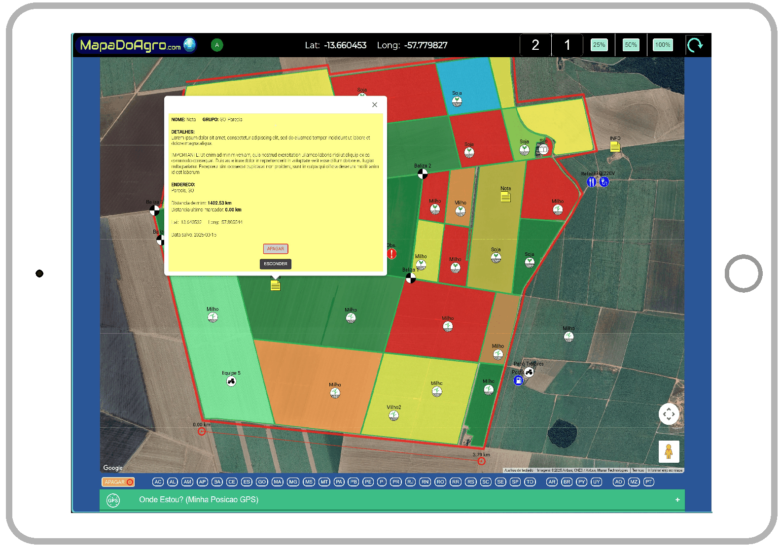um tablet iPad com o mapa de uma fazenda feito no MapaDoAgro aparecendo na tela