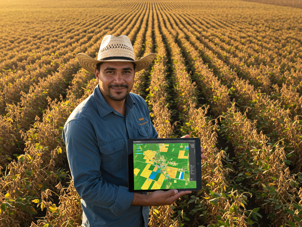 foto de produtor de soja na frente da lavora segurando um iPad mostrando mapa da fazenda
